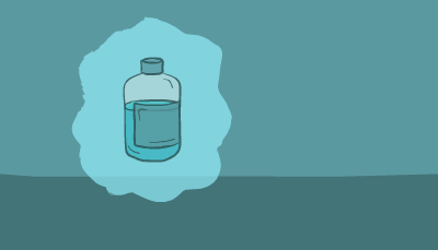 A scientist in blue goggles walks over to a beaker and a flask filled with different colored substances, writes on a clipboard, and walks off screen